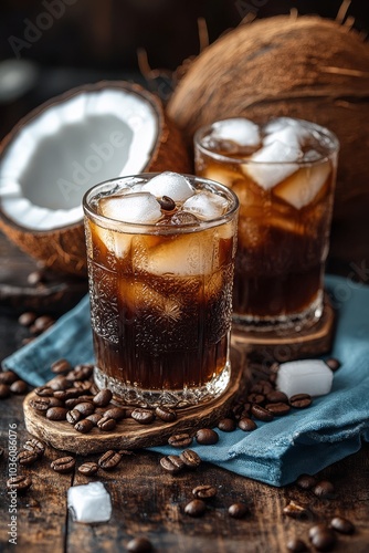 Refreshing iced coffee served in a glass alongside fresh coconut halves and c...