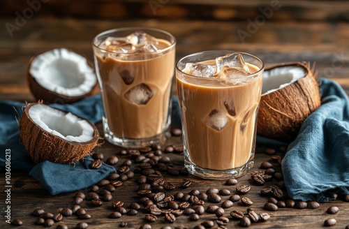Refreshing iced coconut coffee drinks with coconut halves and coffee beans on...