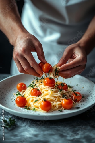 Preparing a delicious plate of spaghetti with fresh cherry tomatoes and herbs...