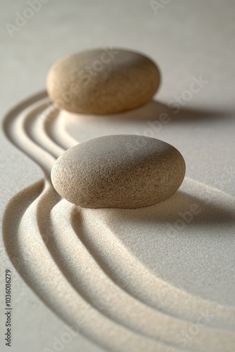 Smooth stones positioned on sand with gentle lines created in a calming arran...