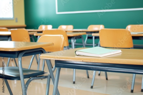 Selective, soft, and blurred focus. Old wooden row lecture chairs in a dirty classroom in a poor school. Study room without student. Background text: Education in third world, donation and charity. photo