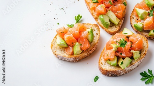 Open sandwich with smoked and salted salmon for healthy breakfast. Trout and avocado on bruschetta toast