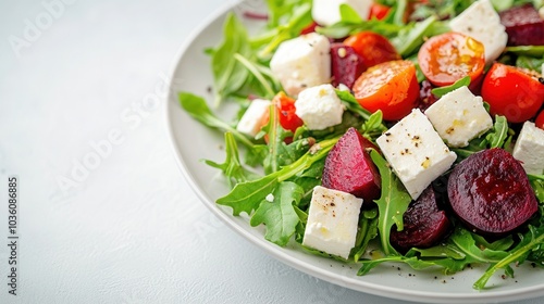 autumn salad of arugula, boiled beets, feta cheese, dietary, vegetarian