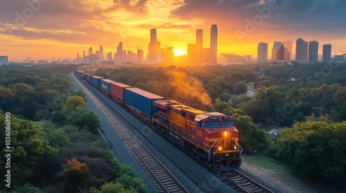 A freight train pulls colorful cargo containers along metal tracks surrounded by greenery, as the sun sets behind the city skyline, creating a stunning backdrop. photo