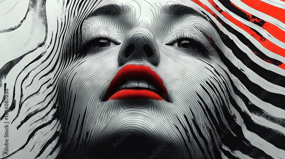 Digital artwork of a woman's face featuring red lips and zebra-patterned hair at back Digital artwork of a woman's face featuring red lips and zebra-patterned hair at back