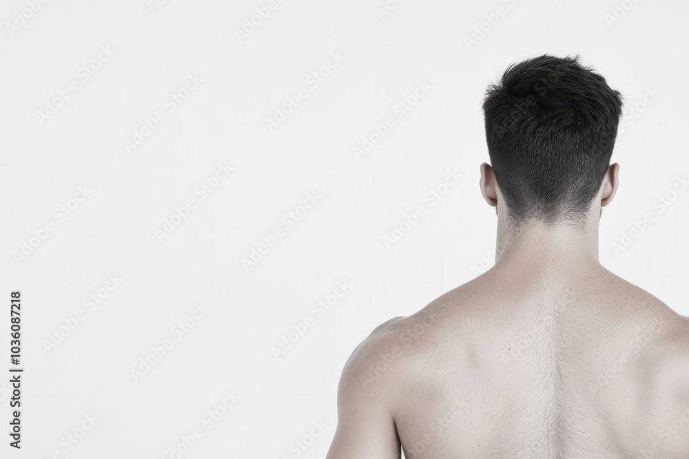 Back view of muscular young man with short hair standing against white background Back view of muscular young man with short hair standing against white background
