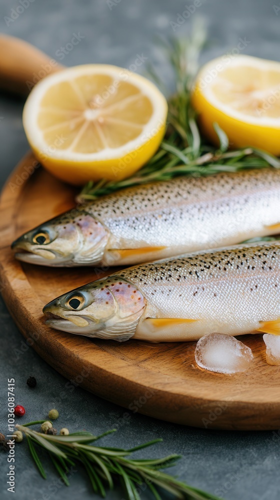 two fresh trout fish, sea fish, on a wooden board ready for marinating