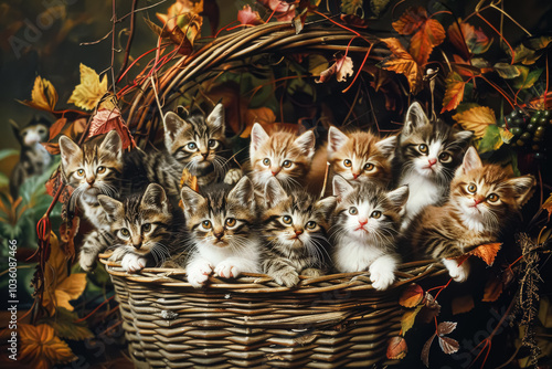 Basket full of kittens with one of them being a black and white cat. The basket is full of kittens and they are all sitting in it photo