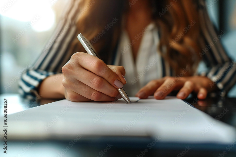 close-up shot of a woman's hand signing a contract document online using a smartphone app, highlighting modern business practices and digital agreements.