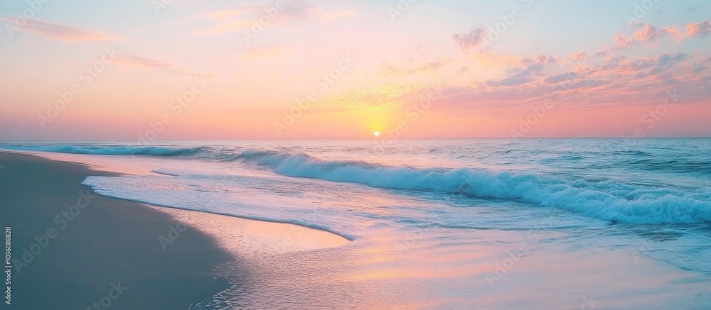 Fototapeta premium Soft pink and blue sunset sky over a calm ocean with waves gently rolling onto a sandy beach.