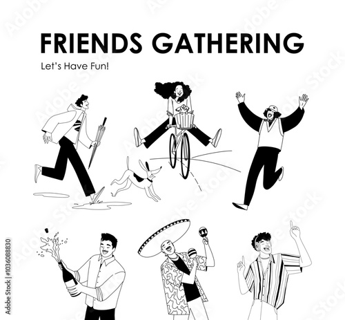 set of vector outline linear illustrations, friends gathering, fun, party. Vector illustration