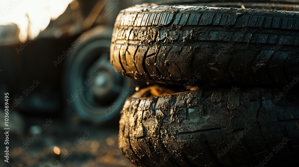 Two old, worn-out tires are stacked on top of each other, their dirty appearance contributing to the overall somber mood of the image Two old, worn-out tires are stacked on top of each other, their dirty appearance contributing to the overall somber mood of the image