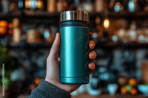 Un thermos isolé en acier inoxydable, noir et bleu, conserve le café ou le thé chaud, prêt à être emporté pour une boisson réconfortante. photo