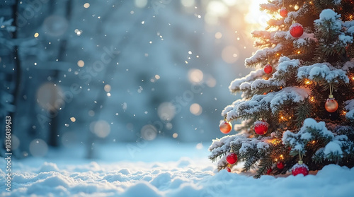 Christmas Tree in Winter Wonderland with Sparkling Snowfall, Xmas background, Generative Ai