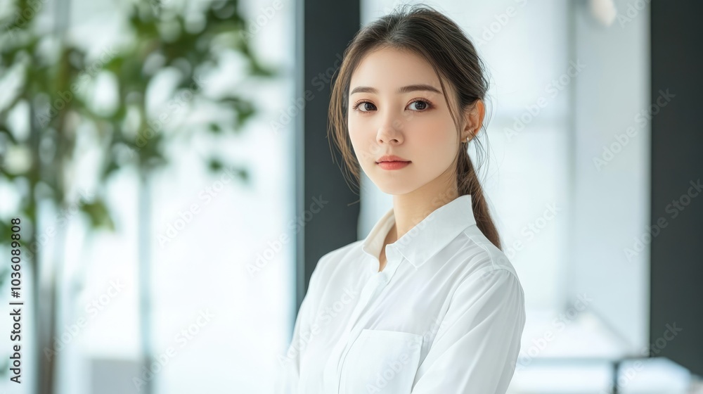 Portrait of young beautiful Asian businesswoman. Confident female business leader in white shirt looking into camera in modern office Portrait of young beautiful Asian businesswoman. Confident female business leader in white shirt looking into camera in modern office