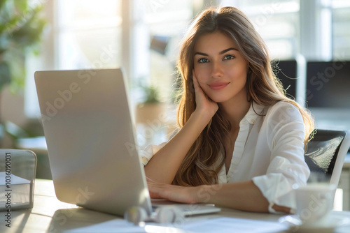 young businesswoman stretching her hand at her desk in the office, emphasizing the importance of exercise and self-care in the workplace.