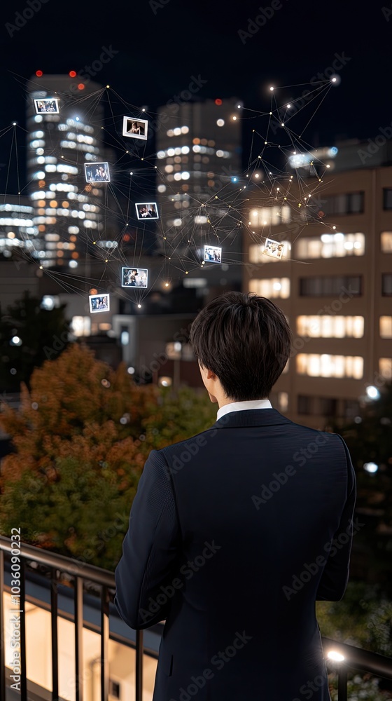 A businessman stands on a rooftop, observing illuminated photos linked by lines against a night city backdrop, embodying modern connectivity A businessman stands on a rooftop, observing illuminated photos linked by lines against a night city backdrop, embodying modern connectivity