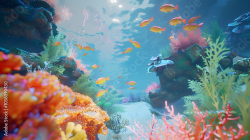 Beautiful coral reef aquarium filled with colorful corals and tropical fish in neon coors swimming in the ocean, illustration photo