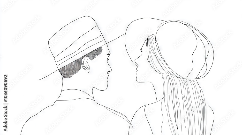 A line drawing of two people face-to-face, wearing hats A line drawing of two people face-to-face, wearing hats