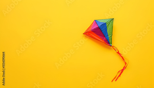 Bright rainbow kite on yellow background, top view photo