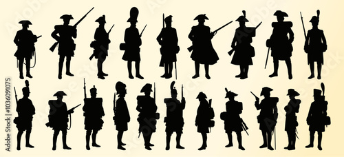 A Silhouette soldiers from different historical periods, each carrying various weapons and equipment, showcasing diverse military uniforms and postures.