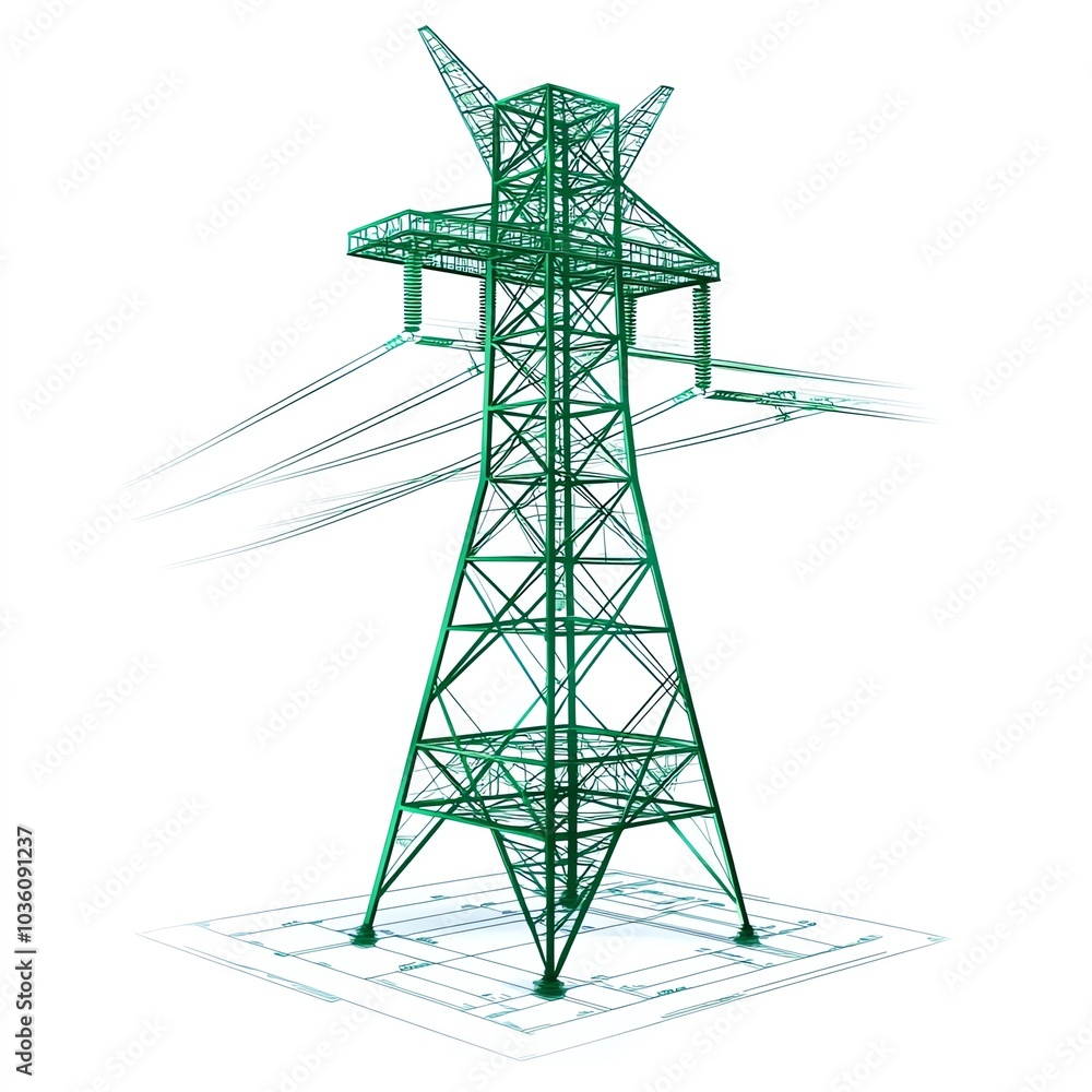 A green, wireframe illustration of a power transmission tower, symbolizing electricity distribution and energy infrastructure. A green, wireframe illustration of a power transmission tower, symbolizing electricity distribution and energy infrastructure.
