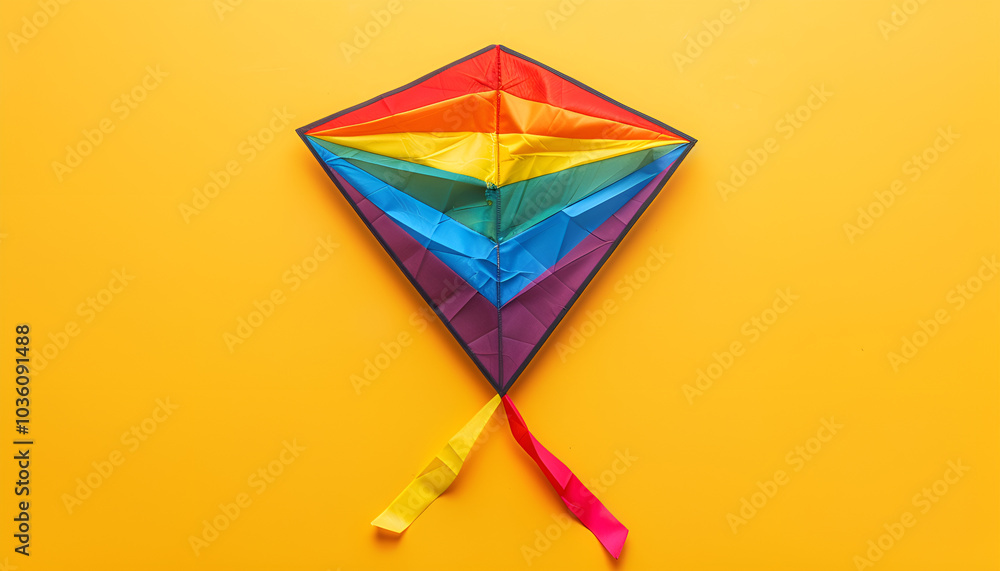 Bright rainbow kite on yellow background, top view Bright rainbow kite on yellow background, top view