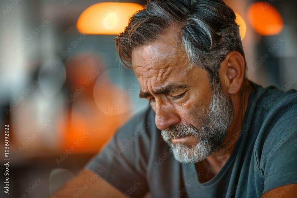 close-up photo of a man looking distressed and overwhelmed in a busy office setting, conveying the themes of self impostor disorder, depression, and anxiety. close-up photo of a man looking distressed and overwhelmed in a busy office setting, conveying the themes of self impostor disorder, depression, and anxiety.