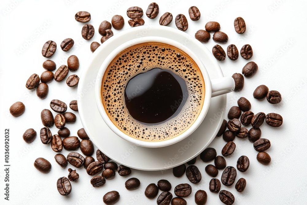 A top view of a cup of black coffee on a white saucer surrounded by scattered coffee beans A top view of a cup of black coffee on a white saucer surrounded by scattered coffee beans