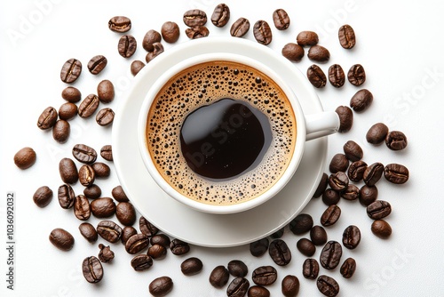 A top view of a cup of black coffee on a white saucer surrounded by scattered coffee beans