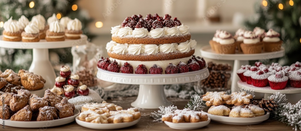 A festive table setting with a variety of homemade Christmas desserts, including cakes, cookies, and cupcakes. A festive table setting with a variety of homemade Christmas desserts, including cakes, cookies, and cupcakes.