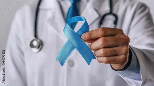 doctor hand holding blue ribbon in loop shape on white background, prostate cancer symbol, november, prostate cancer awareness month, male oncology, medicine, health