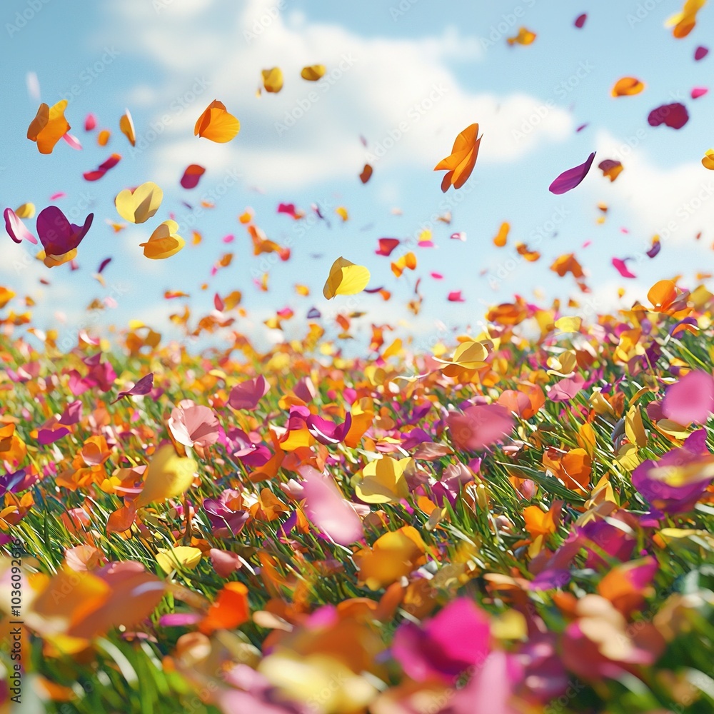 A field brimming with vivid blooms beneath a cerulean sky, dotted with flitting butterflies A field brimming with vivid blooms beneath a cerulean sky, dotted with flitting butterflies