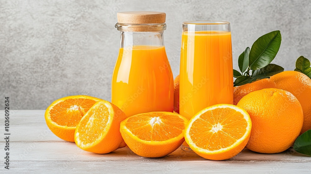 A clear jug filled with freshly squeezed orange juice sits next to a glass on a white kitchen table, surrounded by bright oranges and leafy greenery, creating a refreshing atmosphere A clear jug filled with freshly squeezed orange juice sits next to a glass on a white kitchen table, surrounded by bright oranges and leafy greenery, creating a refreshing atmosphere