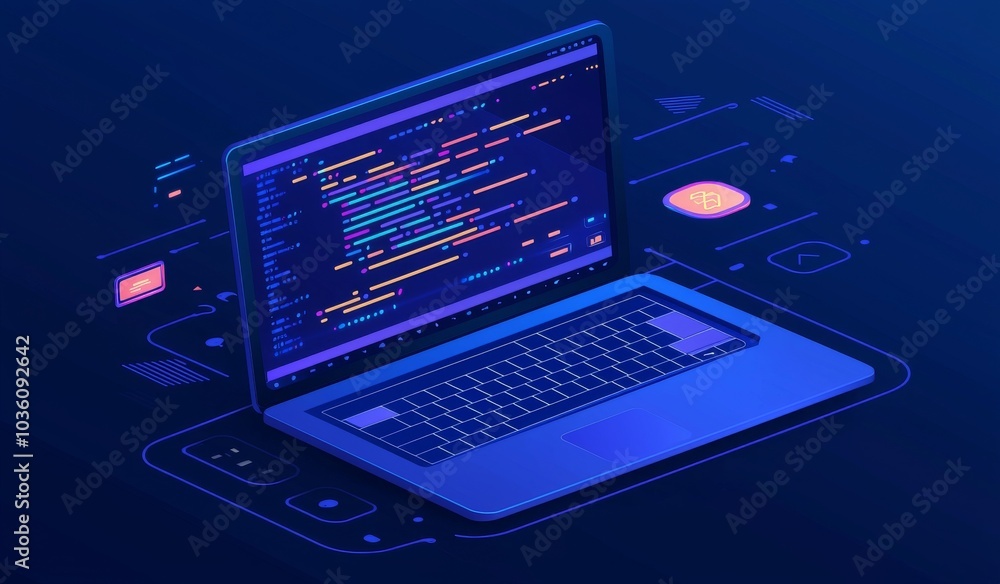 Web development, programming, and software concept. Abstract programming language and code on a laptop screen. Laptop icons in a company network. Software development technology. Web development, programming, and software concept. Abstract programming language and code on a laptop screen. Laptop icons in a company network. Software development technology.