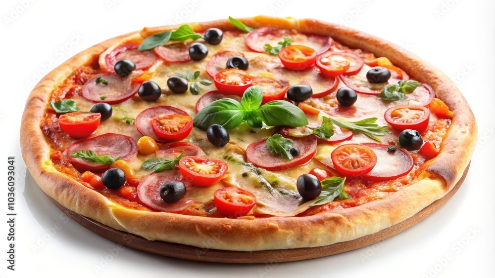 Delicious pizza with ham, cherry tomatoes and basil on wooden board is perfect for your business lunch or romantic dinner Delicious pizza with ham, cherry tomatoes and basil on wooden board is perfect for your business lunch or romantic dinner