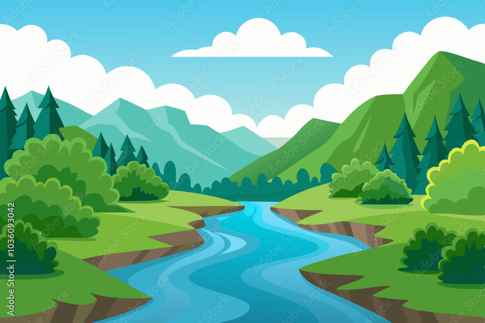 A realistic illustration of a vector landscape river with greenery A realistic illustration of a vector landscape river with greenery