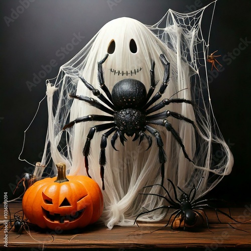 Halloween and pumpkins, spiders and ghost photo