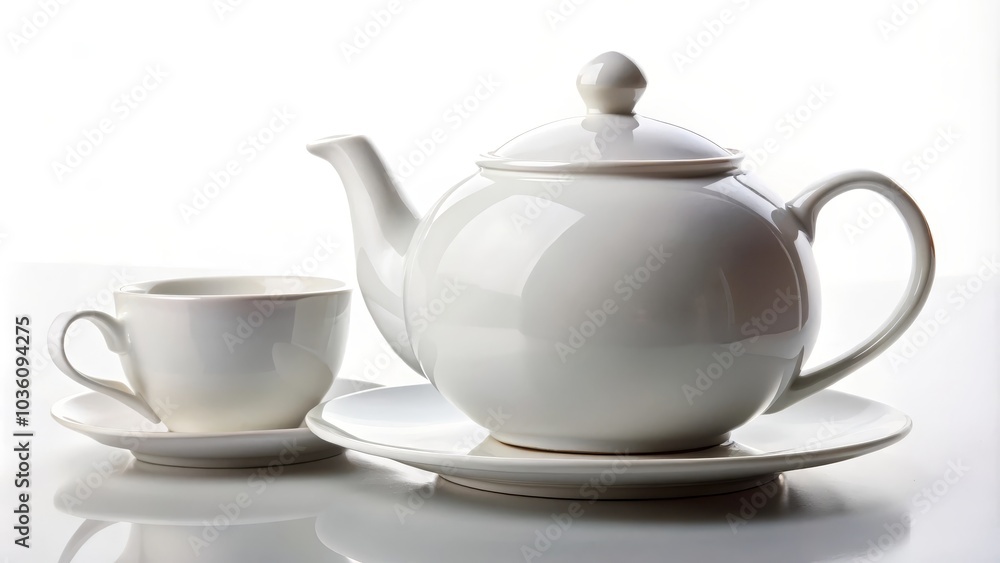 Classic white teapot and teacup are standing on a white table reflecting in the surface Classic white teapot and teacup are standing on a white table reflecting in the surface