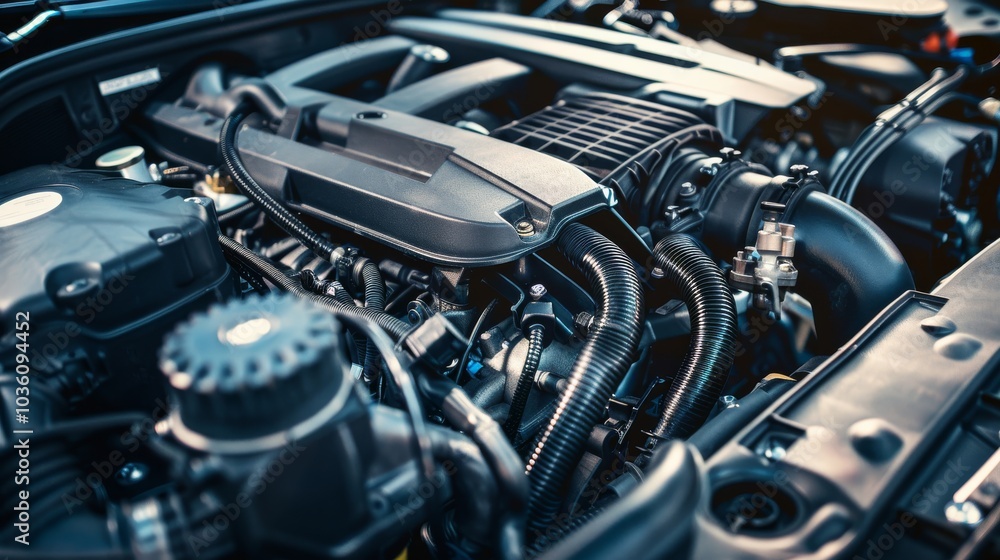 A detailed view of a car's engine bay, with textures of metal and plastic components, Automotive setting with intricate details A detailed view of a car's engine bay, with textures of metal and plastic components, Automotive setting with intricate details