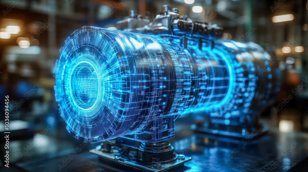 A futuristic wireframe model of an industrial electric motor illuminated by blue and orange lights A futuristic wireframe model of an industrial electric motor illuminated by blue and orange lights