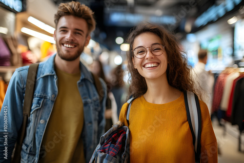 Happy shoppers enjoy their retail therapy during Black Friday sales in a busy clothing store