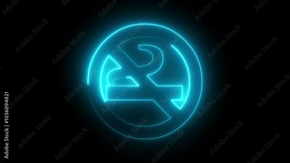 No smoking icon animation by cyan color neon on black background. No smoking icon animation by cyan color neon on black background.