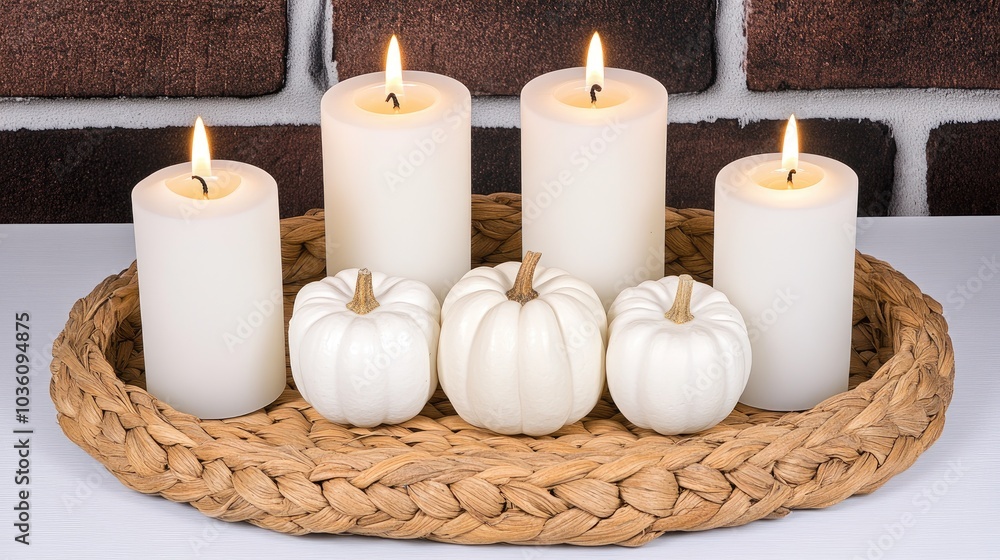 A decorative basket overflowing with vibrant pumpkins and glowing candles sits on a white table. The rustic brick wall adds warmth, enhancing the autumn ambiance A decorative basket overflowing with vibrant pumpkins and glowing candles sits on a white table. The rustic brick wall adds warmth, enhancing the autumn ambiance