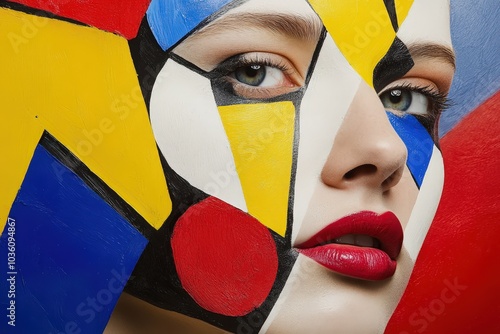 Gros plan sur visage avec peinture faciale aux motifs colorés photo