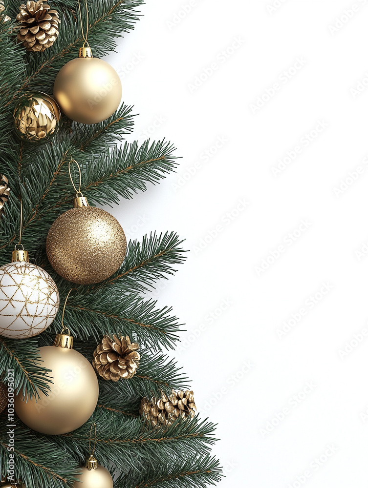 Elegant Christmas Tree Branch with Gold Ornaments on White Background with Copy Space Elegant Christmas Tree Branch with Gold Ornaments on White Background with Copy Space