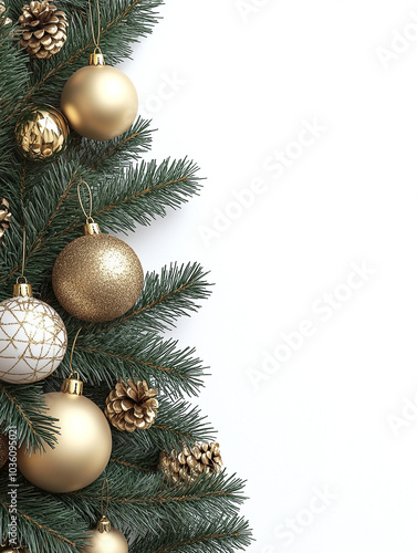 Elegant Christmas Tree Branch with Gold Ornaments on White Background with Copy Space