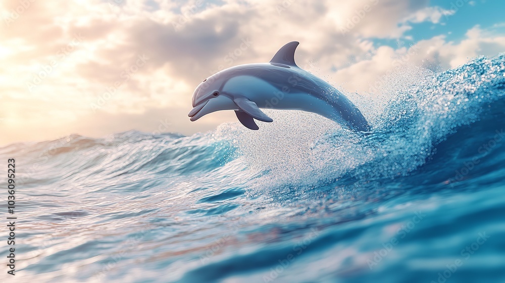 Fototapeta premium Dolphin Leaping Through the Waves at Sunset