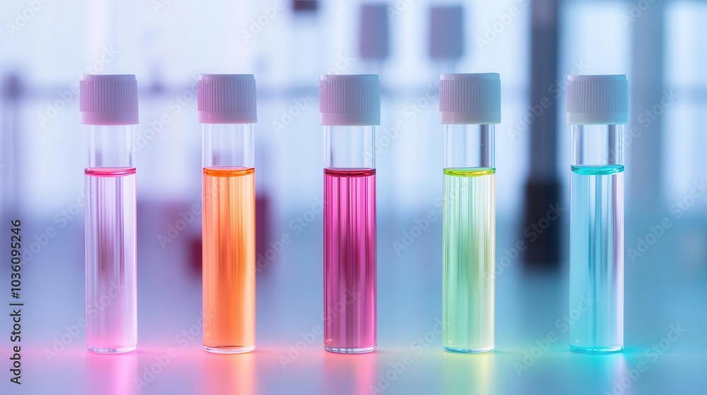 Biotechnology lab featuring multi-colored glowing liquids in test tubes, representing advanced gene therapy research Biotechnology lab featuring multi-colored glowing liquids in test tubes, representing advanced gene therapy research