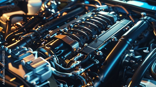 A detailed view of a car's engine bay, with textures of metal and plastic components, Automotive setting with intricate details